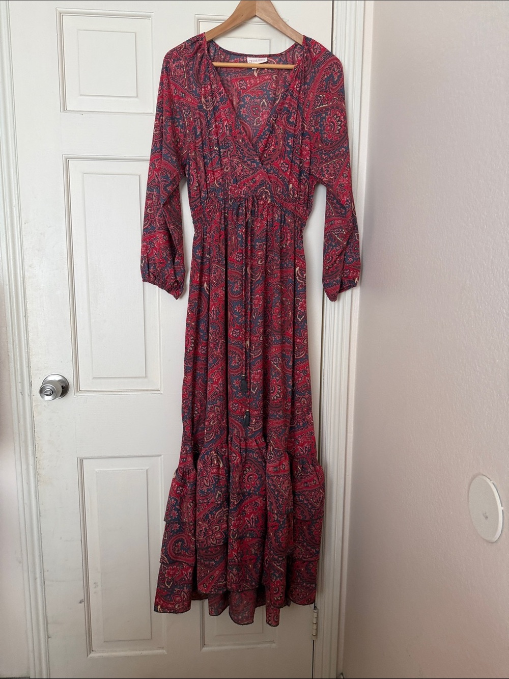 Bohemian Red Paisley Maxi Dress with V-Neck